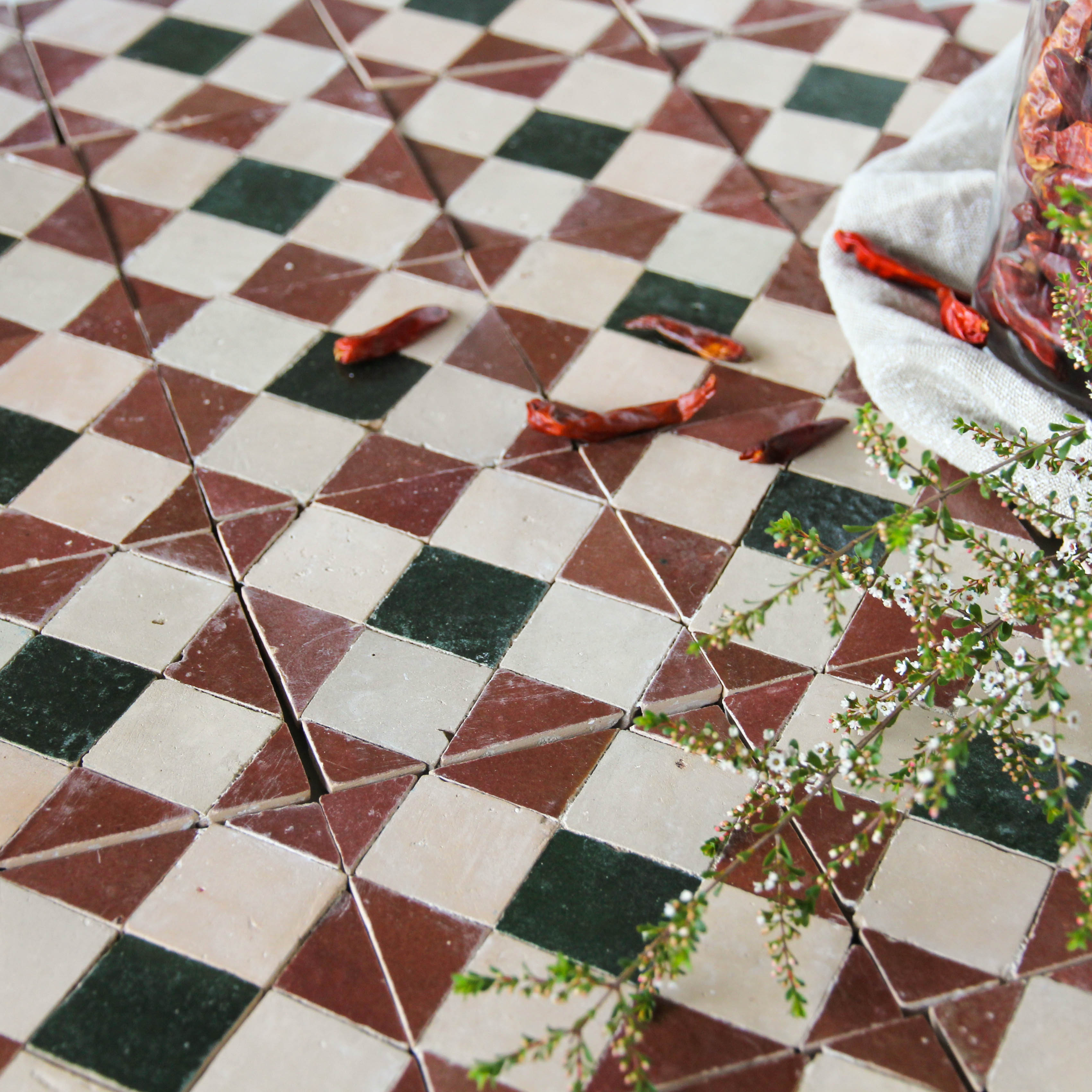 Moroccan Zellige Mosaic EZR0225 Rust, Dark Green, Clay