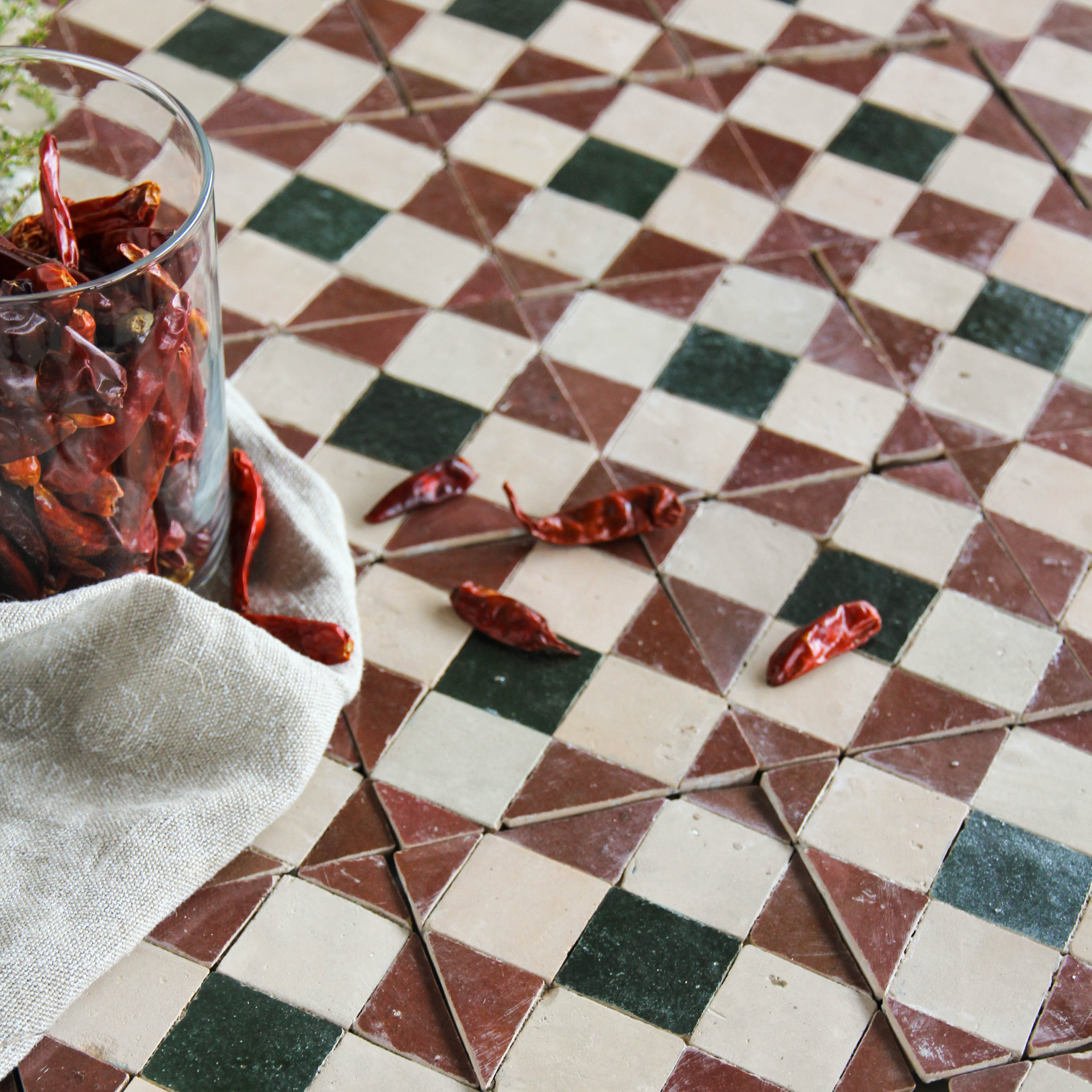 Moroccan Zellige Mosaic EZR0225 Rust, Dark Green, Clay