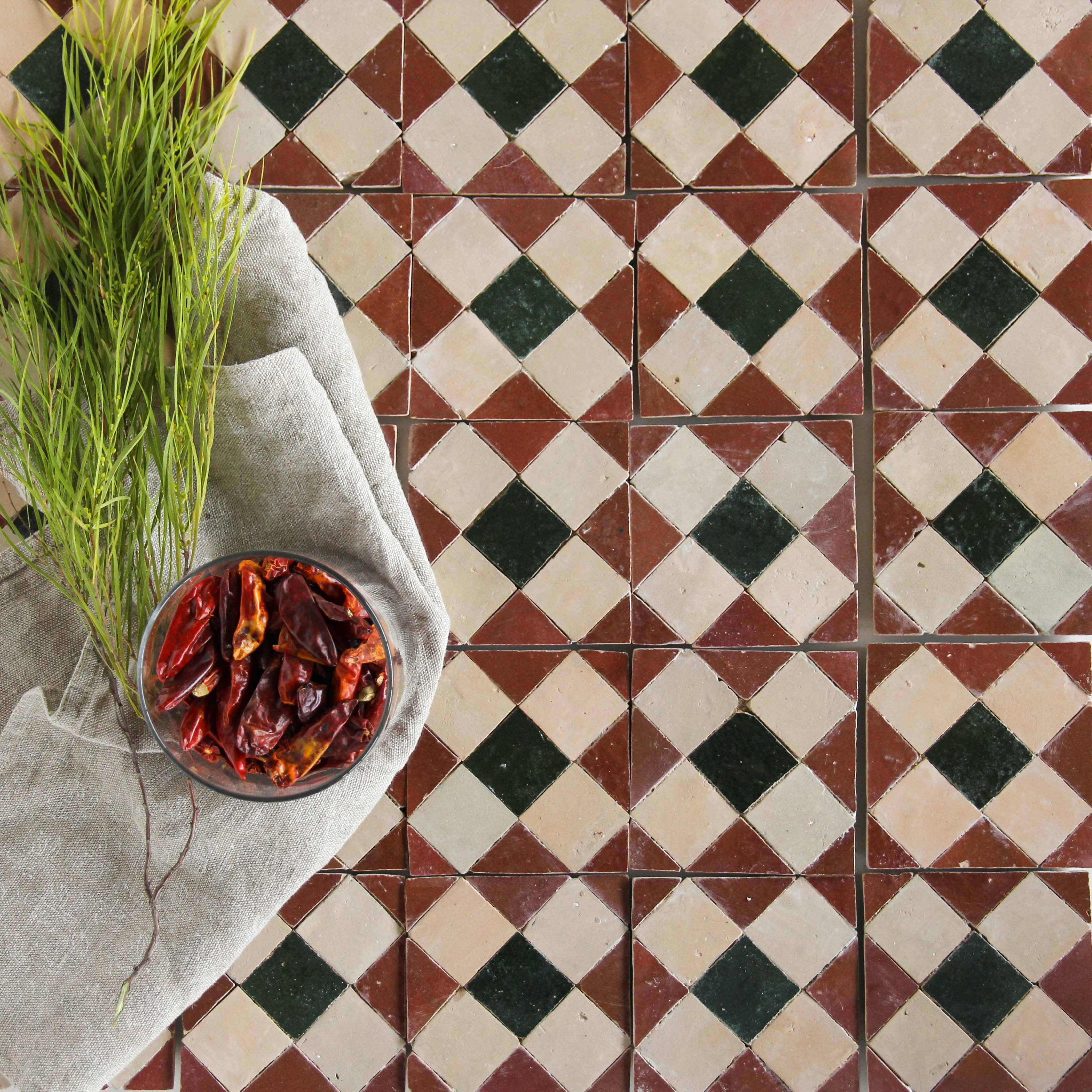 Moroccan Zellige Mosaic EZR0225 Rust, Dark Green, Clay